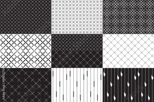 Black and White Diagonal Pixel and Striped Pattern Collection - 9 Seamless Vector Geometric Backgrounds