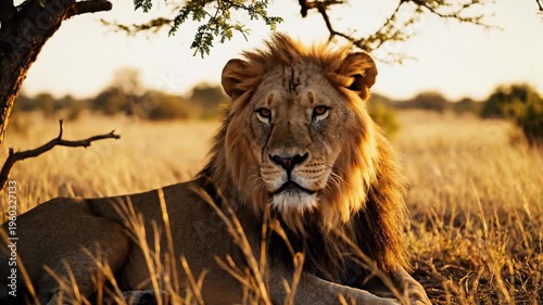 Majestic male lion resting beneath a broad tree in sunlit savanna