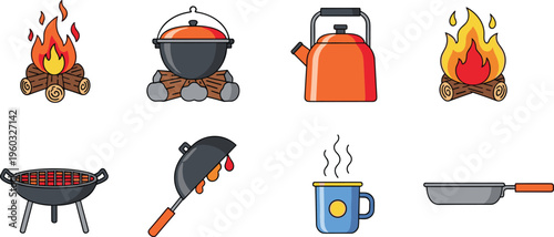 Camping Cooking Vector Icon Set Featuring Campfire, Kettle, Cooking Pot, Grill, Frying Pan, Mug, and Outdoor Kitchen Equipment for Adventure and Travel Design