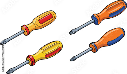 Colorful screwdriver set illustration with flat and Phillips hand tools for repair, maintenance and DIY work isolated on white background