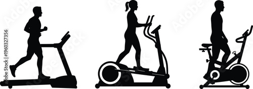 Cardio fitness silhouettes showing treadmill running, elliptical cross trainer workout and stationary bike cycling isolated on white background vector illustration