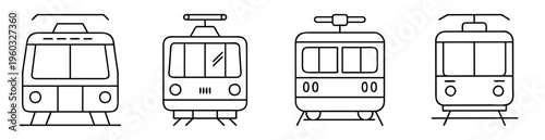 Four unique black and white front view line drawings of trams