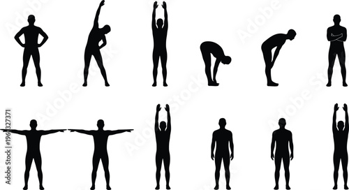 Stretching and warm up exercise silhouettes showing flexibility, mobility and body movement routines for fitness training isolated on white background vector illustration