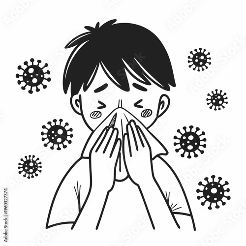 Illustration of a young boy suffering from a cold and sneezing into a tissue with germs visible in the air around him.
