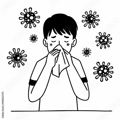Illustration of a young boy suffering from a cold and sneezing into a tissue with germs visible in the air around him.
