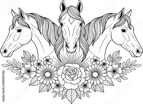Three horse heads with flowing manes and floral bouquet, hand drawn botanical line art illustration isolated on white background, equestrian