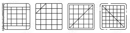 Four squares with rounded corners and black grid patterns inside each square