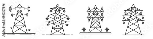 Outline illustration of four different power transmission towers and antenna tower
