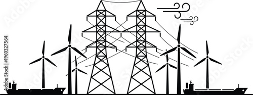 Renewable energy and power transmission illustration with wind turbines, electric towers and industrial landscape silhouette isolated on white background vector