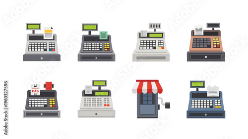 Flat Design Cash Register Icons Set for Retail and Business. Modern and vintage point of sale machines collection.