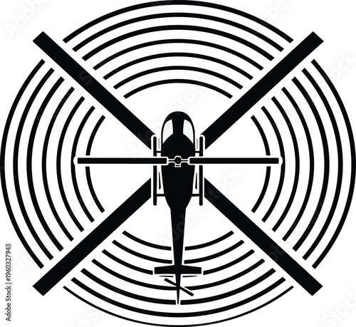 Top View Helicopter Silhouette Featuring Spinning Main Rotor Blades and Tail Rotor Isolated on White Background for Aviation and Transport Designs