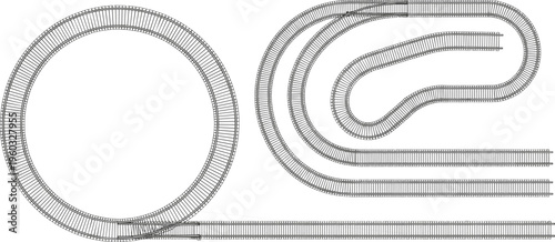 Top View Illustration of Model Railway Track Layout Elements Including Circular Loop Curved Sections Parallel Straight Lines and Switching Junctions