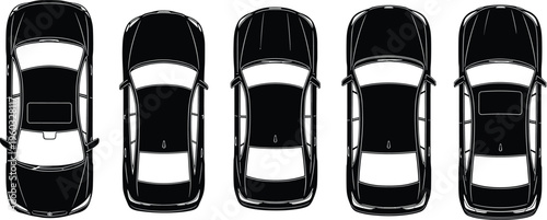 Top view set of black car silhouettes, architectural vehicle symbols for site plans, automotive vector icons isolated on white background, transport.