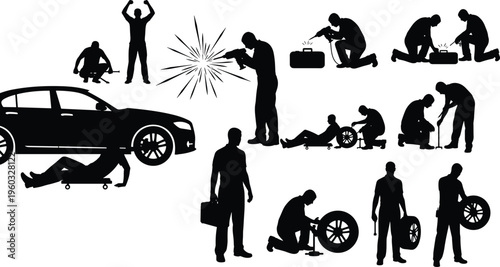 Auto repair service silhouettes with mechanic working under car, welding, tire change and roadside assistance scenes isolated on white background
