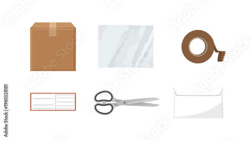 Shipping and Packing Supplies Vector Icons Set. Essentials for Mailing, Delivery, and Logistics with Box, Tape, Scissors, Labels, Film, Envelope