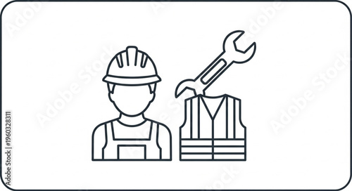 Construction worker with helmet, wrench, and safety vest, ready for work.
