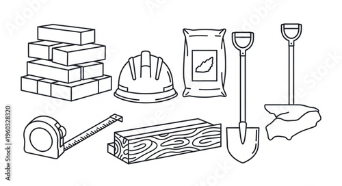 Construction tools and materials for building and renovation projects, black and white.