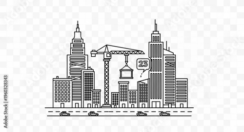 Urban construction scene with crane and buildings, a city under development.