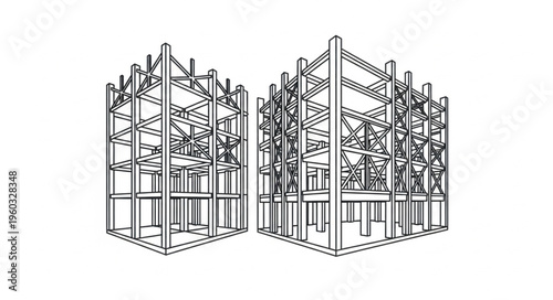 Architectural blueprints of two building frames, showcasing structural design and construction details.