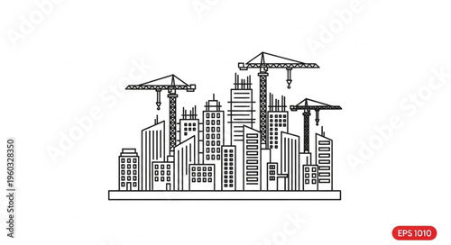 Construction site with cranes and buildings under development in progress.