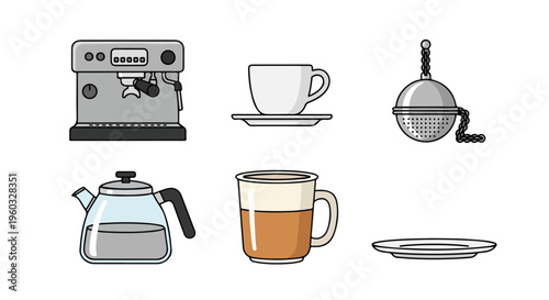 Flat lay illustration of various coffee and tea brewing equipment on a white background.