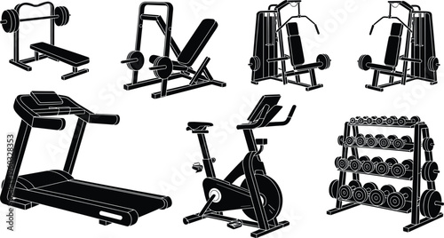 Modern gym fitness equipment set including treadmill, dumbbells, bench press, stationary bike and weight machines isolated on white background illustration