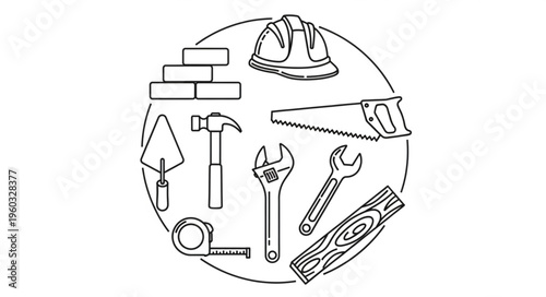 Construction tools arranged in a circular design for building and repair work.