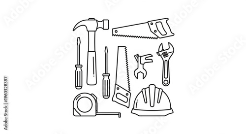 Collection of construction tools essential for building and repair projects, black and white.