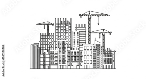 Construction site with buildings and cranes, a city under development, urban landscape.