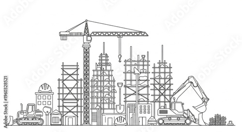 Construction site with crane and buildings under development, engineering concept.