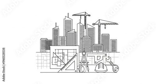 Construction site sketch featuring skyscrapers and heavy machinery, a city under development.