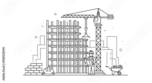 Construction site with a crane and a building under construction, a blueprint.