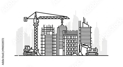 Construction site with crane, buildings, and heavy machinery in progress.