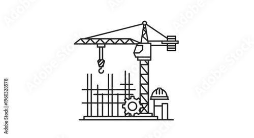 Construction site with crane, building structure, and gear wheel, black and white illustration.