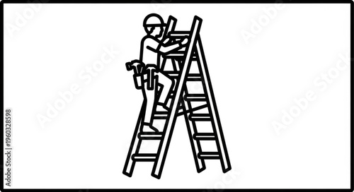 Construction worker climbing ladder, working on a building project, safety first.