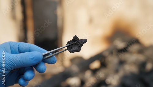 A gloved hand holds a piece of charred material with tweezers, forensic evidence from a fire investigation.