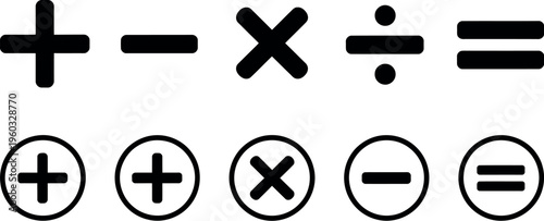 Math symbols icons plus minus multiply divide equal vector signs addition subtraction multiplication division equality clean design isolated background