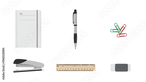 Stationery and Office Essentials Set Isolated on White Background