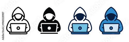 Cybersecurity hacker icons, laptops in outline and solid styles symbolizing hacking, data breaches, and online threat awareness, suitable for tech and IT design projects.