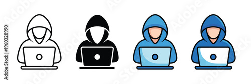 Hacker icon set, laptop computer in line art and solid fill styles, vector illustrations representing cybersecurity, online threats, hacking, and digital security concepts.