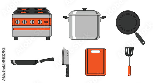 Flat lay of kitchen utensils and appliances including a stove, pot, pan, cutting board, and knife on a white background with a modern and organized feel.