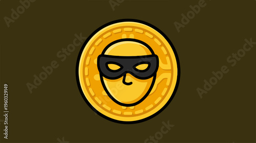Gold coin with masked face.