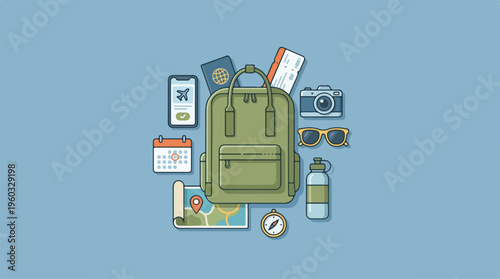 Green Backpack Travel Vacation Pack.