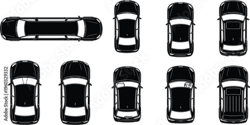 Top View Vector Illustration of Nine Black Vehicle Silhouettes Including a Luxury Limousine Sedans and SUVs for Architectural Site Plans