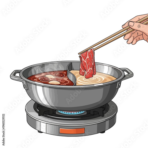Dipping Raw Meat into Hot Pot Broth with Chopsticks