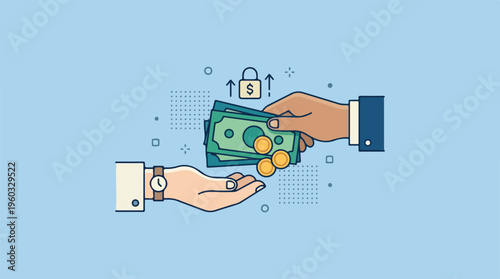 Hands exchanging money and coins.