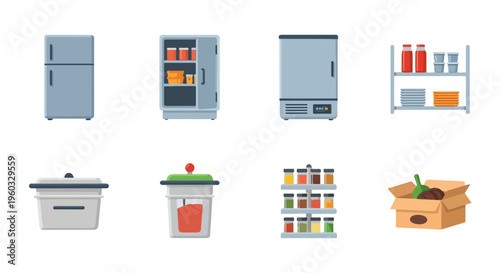 Flat lay of various kitchen appliances and storage containers on a white background.