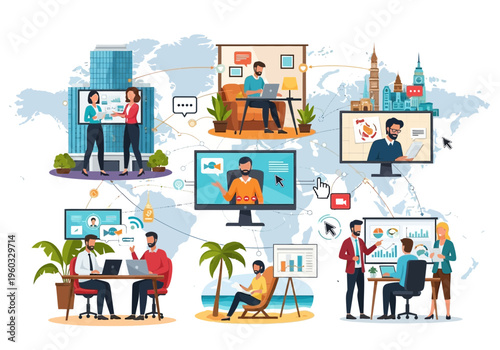 People work remotely on computers globally in various environments.