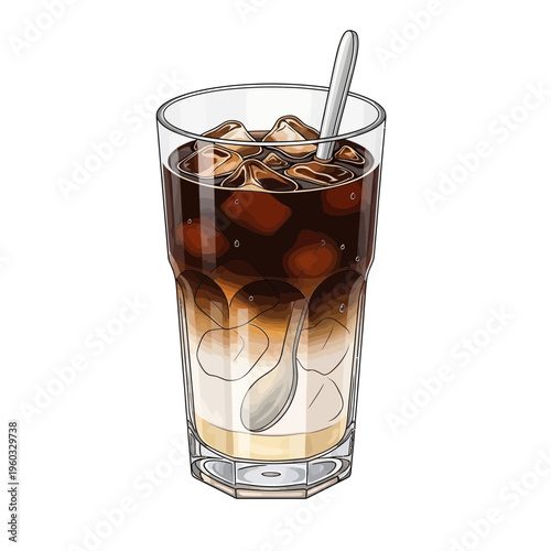 Iced coffee with condensed milk and ice cubes in a tall glass with spoon