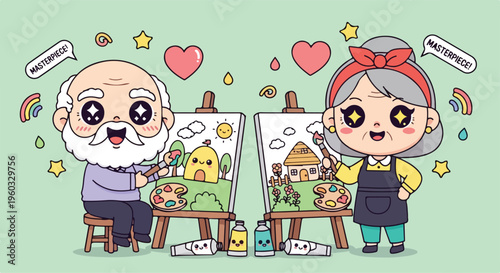 A cartoon elderly man and a young girl painting on easels with colorful art supplies and decorations around them on a green background.
